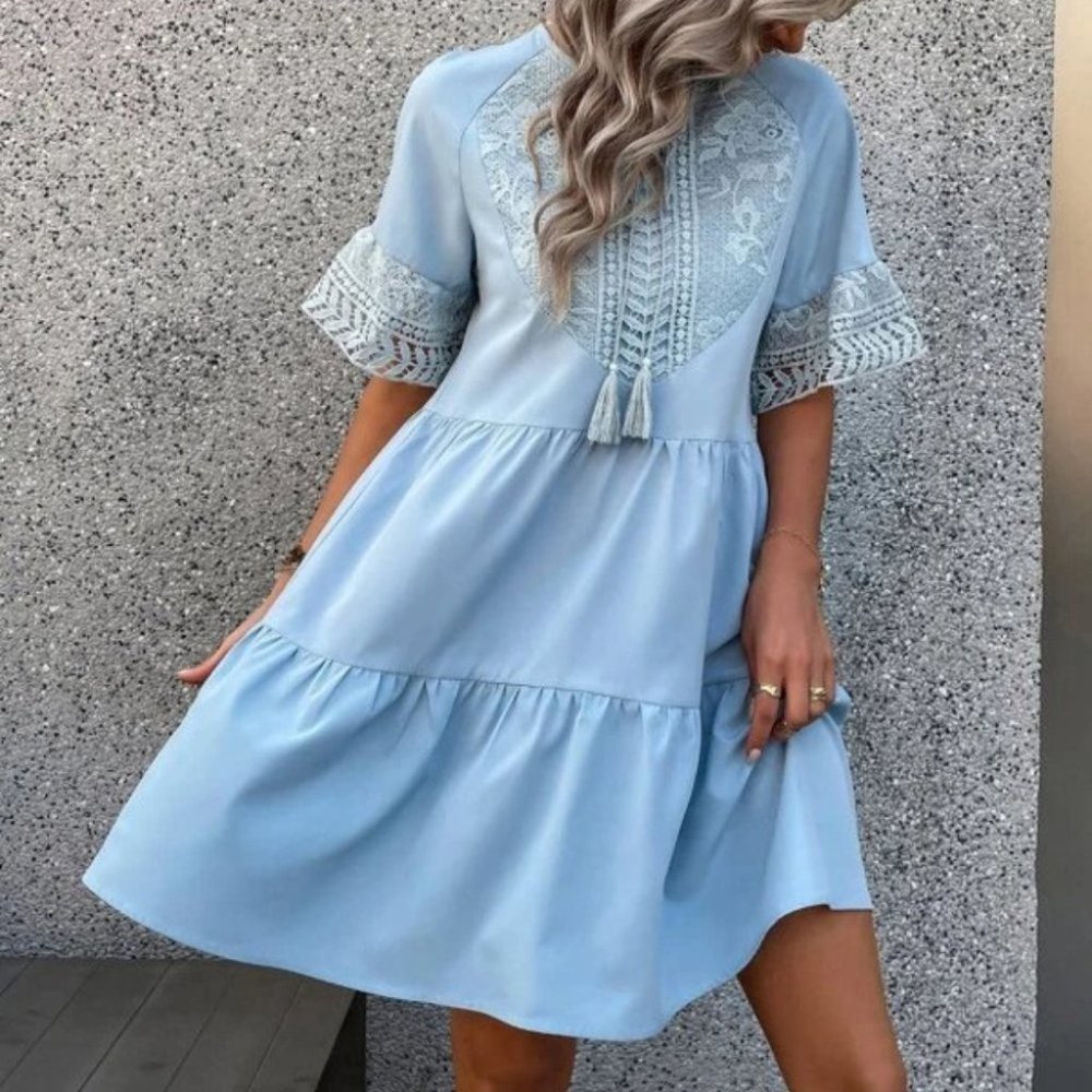 Tassel Tie Ruffle Hem lace detailed mini Dress - Picture 6 of 7
